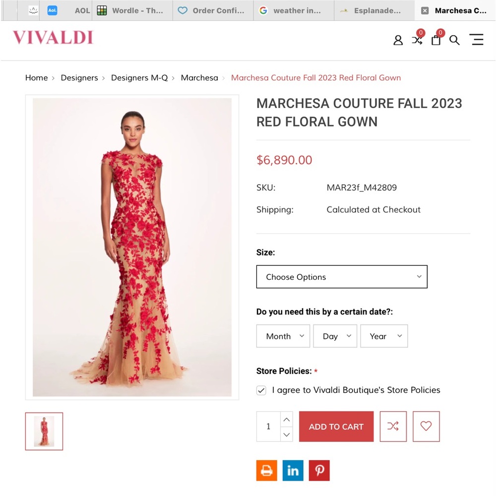 Marchesa Red and Cream Floral Gown